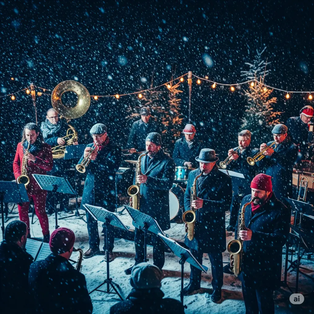 Bigband in de sneeuw (gegenereerd door AI)